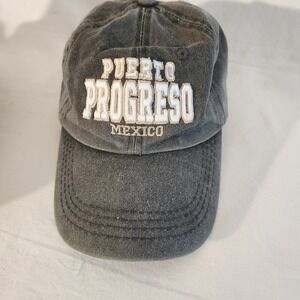 Puerto Progresso Mexico Distressed Black Grey Gray Cap Embroidered OSFM